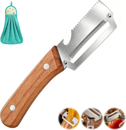Vegetable Peeler, Potato Paring Knife, Multifunctional Stainless Steel Apple Peeler for Kitchen Use, 2-in-1 Fruit Tool with Sharp Blade, Ergonomic Wooden Handle & Bottle Opener (Pro-1PCS)
