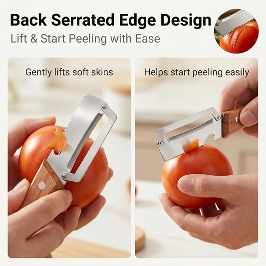 Vegetable Peeler, Potato Paring Knife, Multifunctional Stainless Steel Apple Peeler for Kitchen Use, 2-in-1 Fruit Tool with Sharp Blade, Ergonomic Wooden Handle & Bottle Opener (Pro-1PCS)