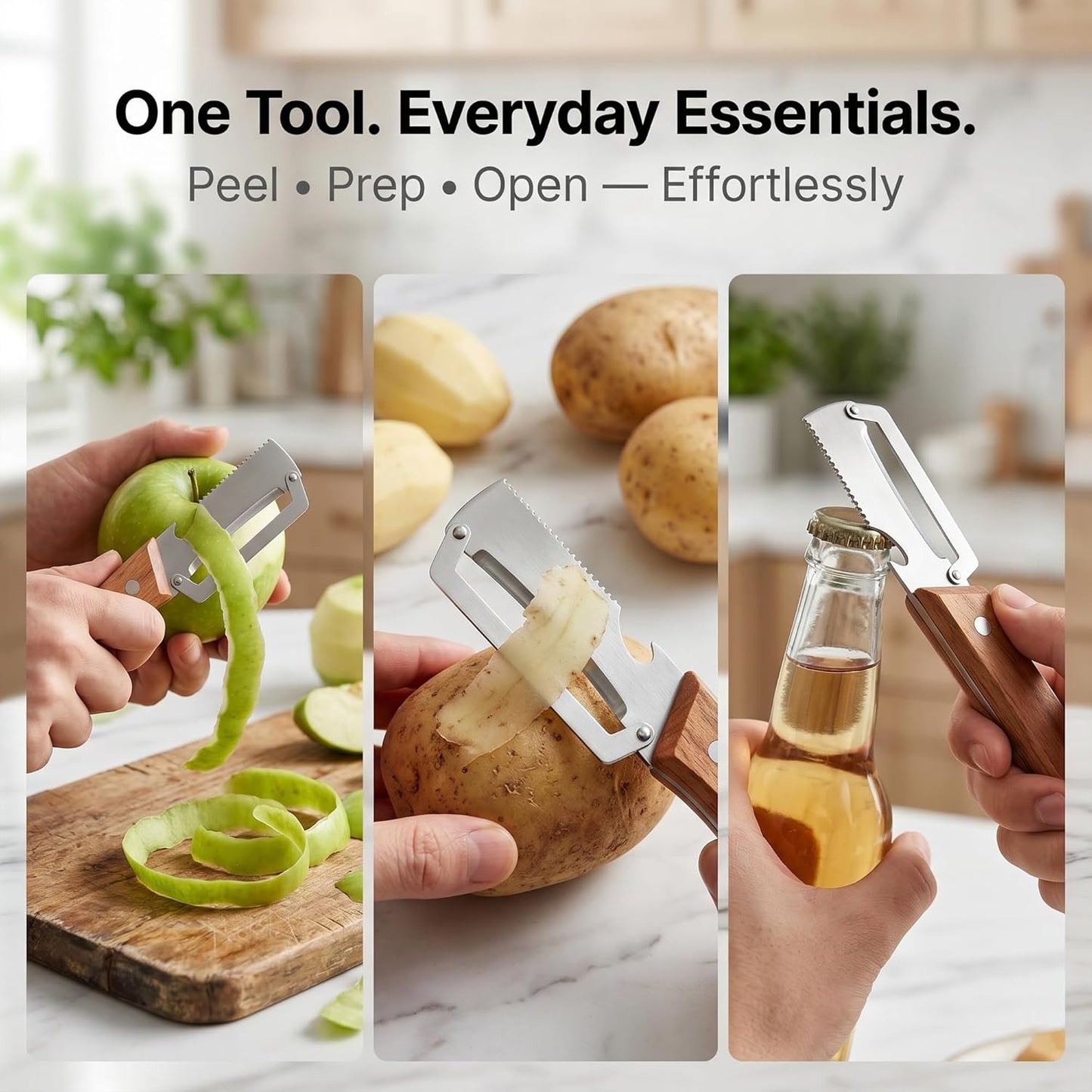Vegetable Peeler, Potato Paring Knife, Multifunctional Stainless Steel Apple Peeler for Kitchen Use, 2-in-1 Fruit Tool with Sharp Blade, Ergonomic Wooden Handle & Bottle Opener (Pro-1PCS)
