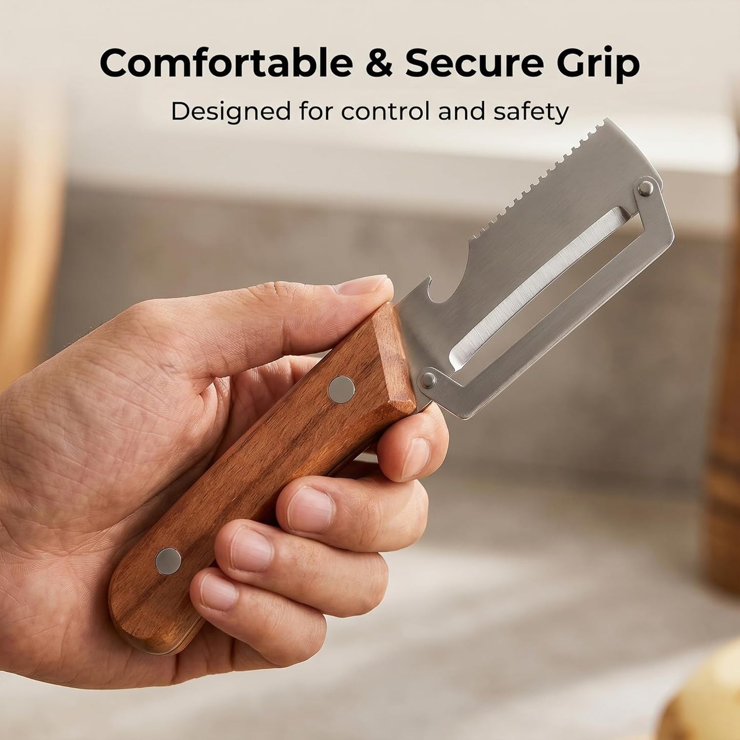 Vegetable Peeler, Potato Paring Knife, Multifunctional Stainless Steel Apple Peeler for Kitchen Use, 2-in-1 Fruit Tool with Sharp Blade, Ergonomic Wooden Handle & Bottle Opener (Pro-1PCS)