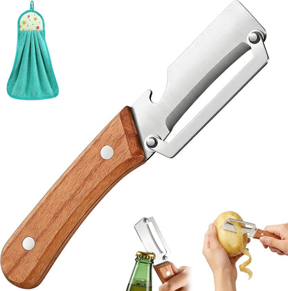 Vegetable Peeler, Potato Paring Knife, Multifunctional Stainless Steel Apple Peeler for Kitchen Use, 2-in-1 Fruit Tool with Sharp Blade, Ergonomic Wooden Handle & Bottle Opener (Pro-1PCS)