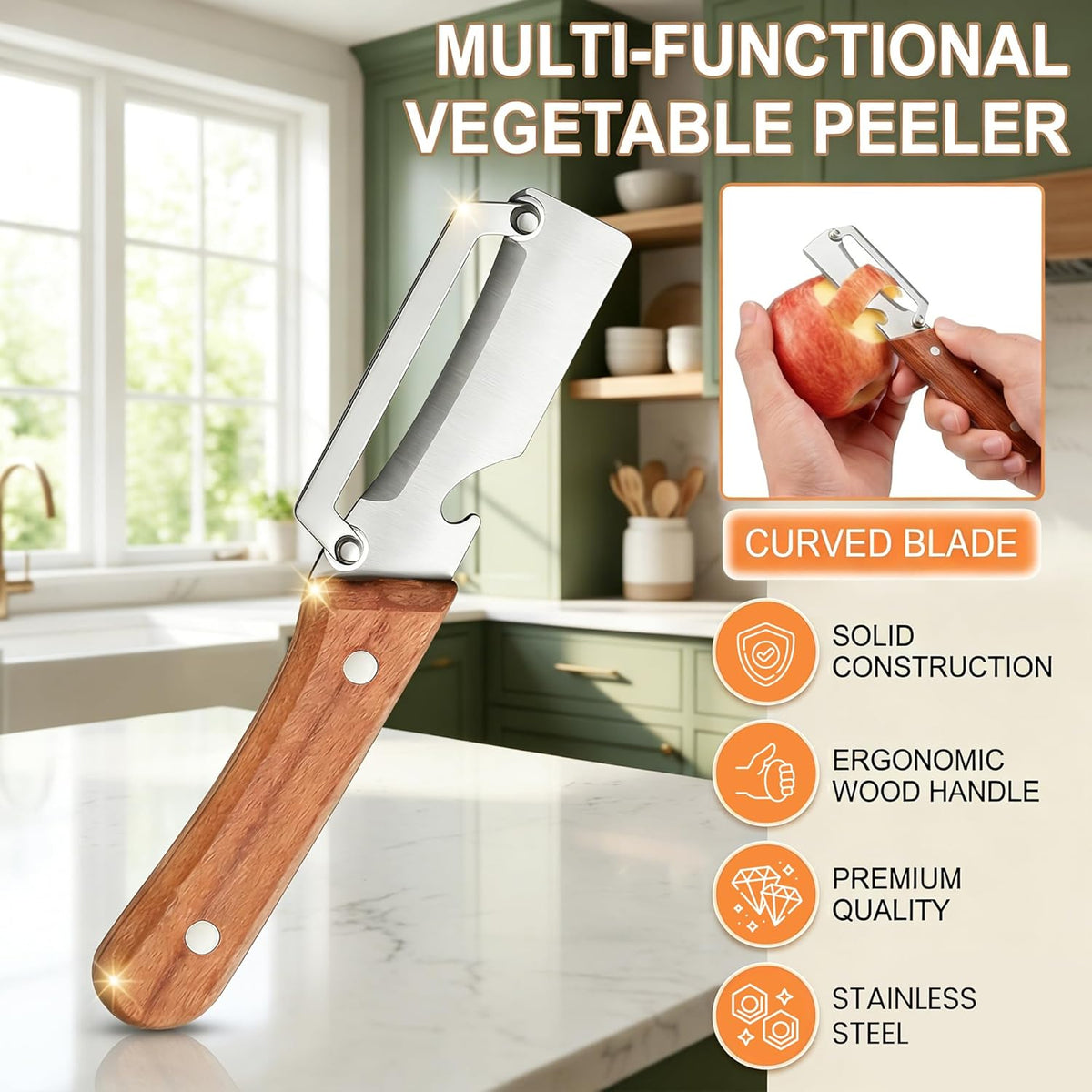 Vegetable Peeler, Potato Paring Knife, Multifunctional Stainless Steel Apple Peeler for Kitchen Use, 2-in-1 Fruit Tool with Sharp Blade, Ergonomic Wooden Handle & Bottle Opener (Pro-1PCS)