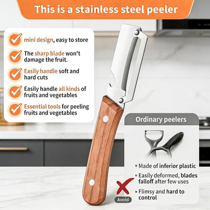 Vegetable Peeler, Potato Paring Knife, Multifunctional Stainless Steel Apple Peeler for Kitchen Use, 2-in-1 Fruit Tool with Sharp Blade, Ergonomic Wooden Handle & Bottle Opener (Pro-1PCS)