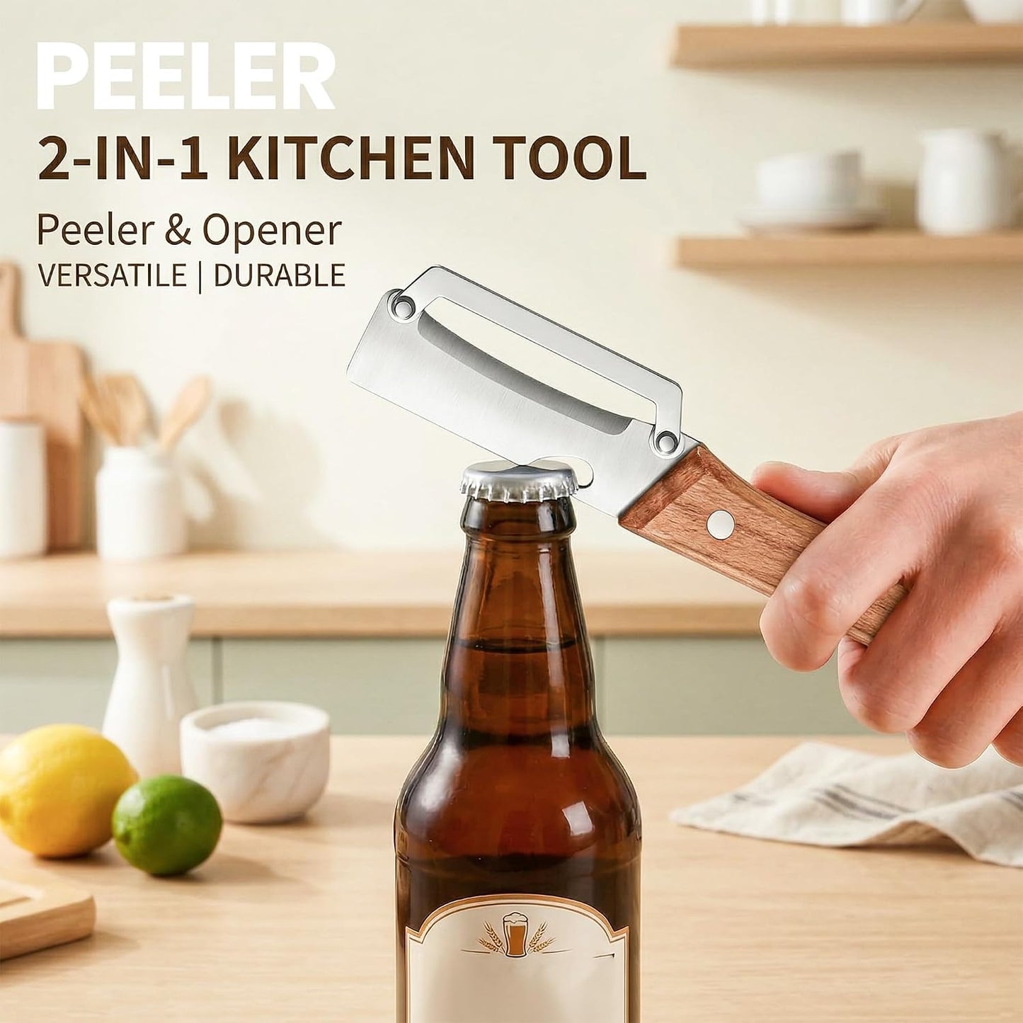 Vegetable Peeler, Potato Paring Knife, Multifunctional Stainless Steel Apple Peeler for Kitchen Use, 2-in-1 Fruit Tool with Sharp Blade, Ergonomic Wooden Handle & Bottle Opener (Pro-1PCS)