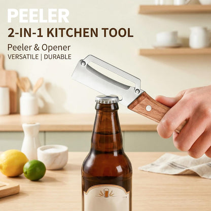 Vegetable Peeler, Potato Paring Knife, Multifunctional Stainless Steel Apple Peeler for Kitchen Use, 2-in-1 Fruit Tool with Sharp Blade, Ergonomic Wooden Handle & Bottle Opener (Pro-1PCS)