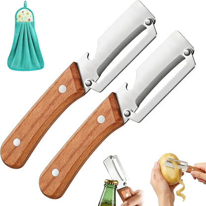 Vegetable Peeler, Potato Paring Knife, Multifunctional Stainless Steel Apple Peeler for Kitchen Use, 2-in-1 Fruit Tool with Sharp Blade, Ergonomic Wooden Handle & Bottle Opener (Pro-1PCS)