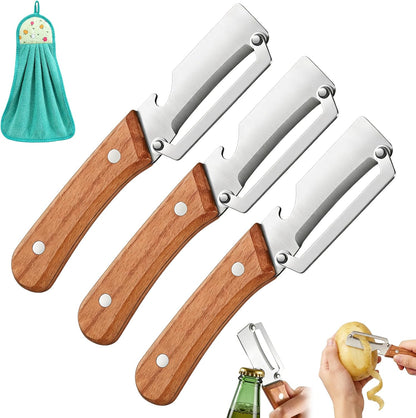 Vegetable Peeler, Potato Paring Knife, Multifunctional Stainless Steel Apple Peeler for Kitchen Use, 2-in-1 Fruit Tool with Sharp Blade, Ergonomic Wooden Handle & Bottle Opener (Pro-1PCS)