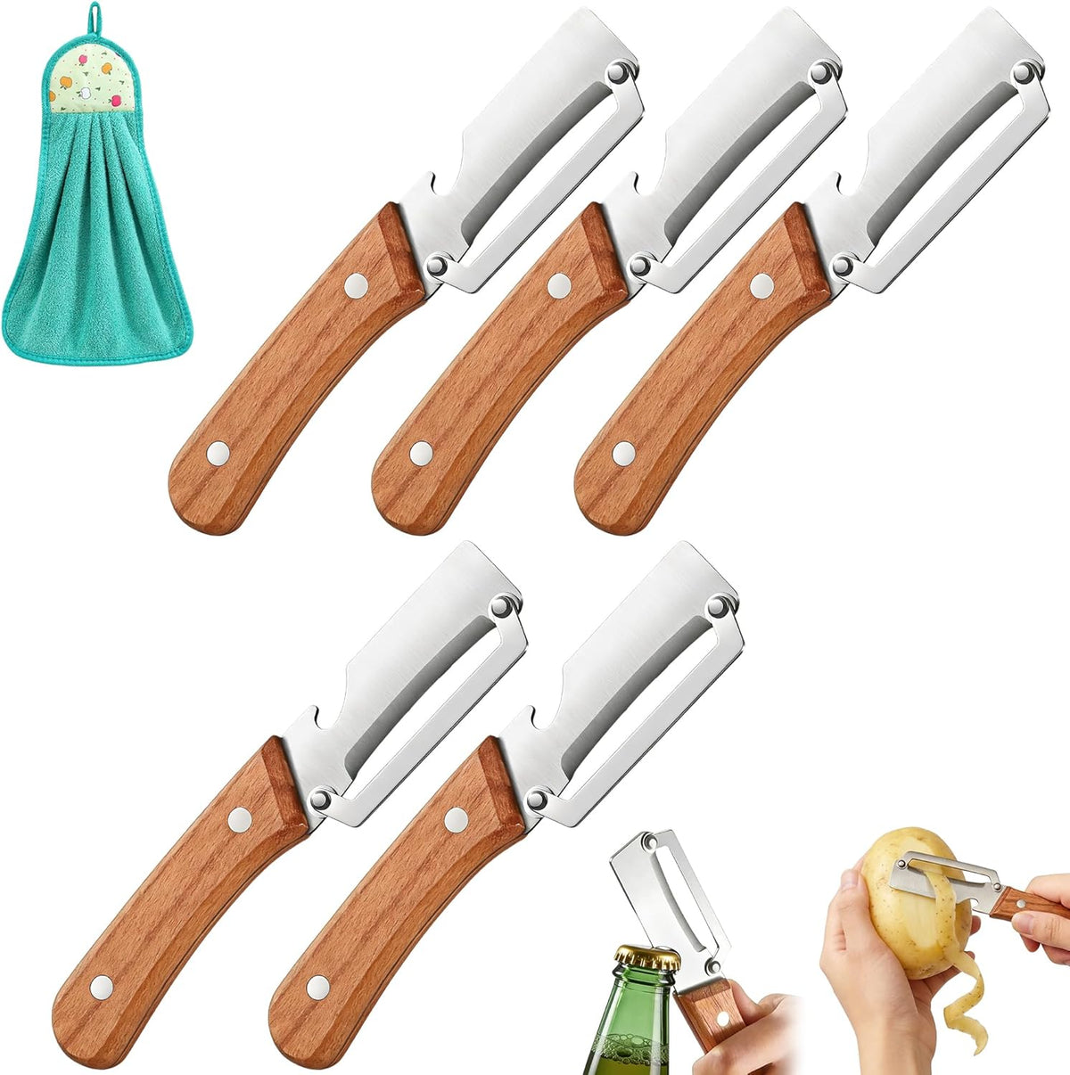 Vegetable Peeler, Potato Paring Knife, Multifunctional Stainless Steel Apple Peeler for Kitchen Use, 2-in-1 Fruit Tool with Sharp Blade, Ergonomic Wooden Handle & Bottle Opener (Pro-1PCS)
