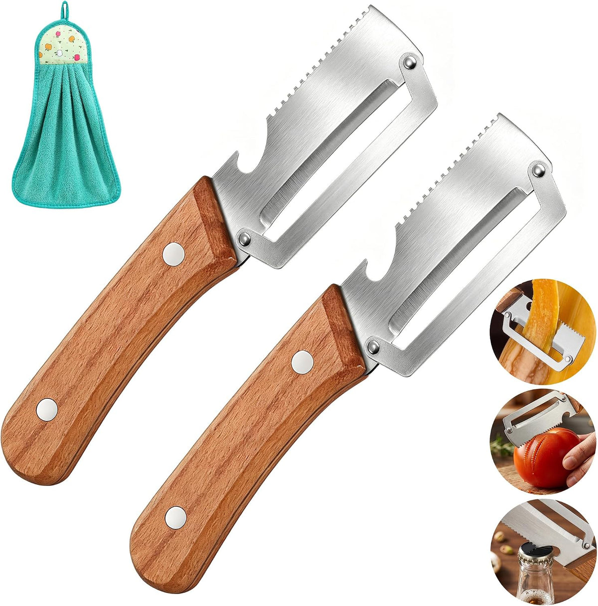 Vegetable Peeler, Potato Paring Knife, Multifunctional Stainless Steel Apple Peeler for Kitchen Use, 2-in-1 Fruit Tool with Sharp Blade, Ergonomic Wooden Handle & Bottle Opener (Pro-1PCS)