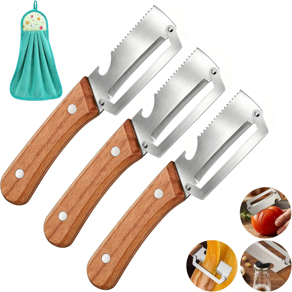 Vegetable Peeler, Potato Paring Knife, Multifunctional Stainless Steel Apple Peeler for Kitchen Use, 2-in-1 Fruit Tool with Sharp Blade, Ergonomic Wooden Handle & Bottle Opener (Pro-1PCS)
