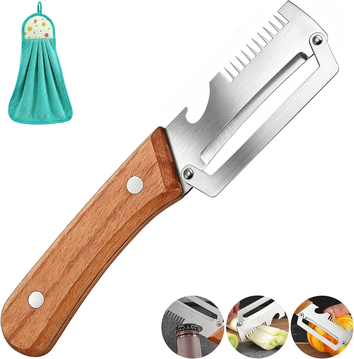 Vegetable Peeler, Potato Paring Knife, Multifunctional Stainless Steel Apple Peeler for Kitchen Use, 2-in-1 Fruit Tool with Sharp Blade, Ergonomic Wooden Handle & Bottle Opener (Pro-1PCS)
