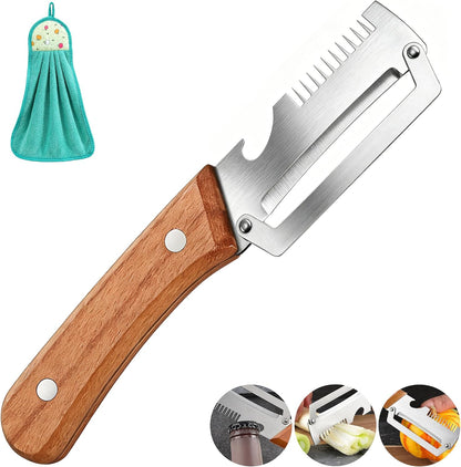 Vegetable Peeler, Potato Paring Knife, Multifunctional Stainless Steel Apple Peeler for Kitchen Use, 2-in-1 Fruit Tool with Sharp Blade, Ergonomic Wooden Handle & Bottle Opener (Pro-1PCS)