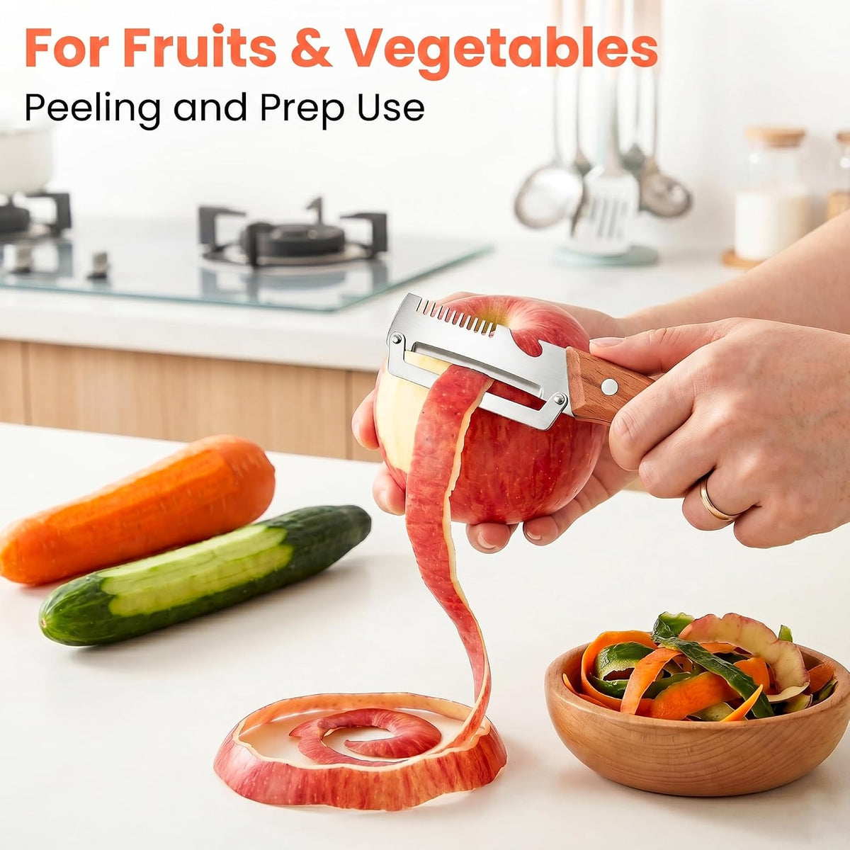 Vegetable Peeler, Potato Paring Knife, Multifunctional Stainless Steel Apple Peeler for Kitchen Use, 2-in-1 Fruit Tool with Sharp Blade, Ergonomic Wooden Handle & Bottle Opener (Pro-1PCS)