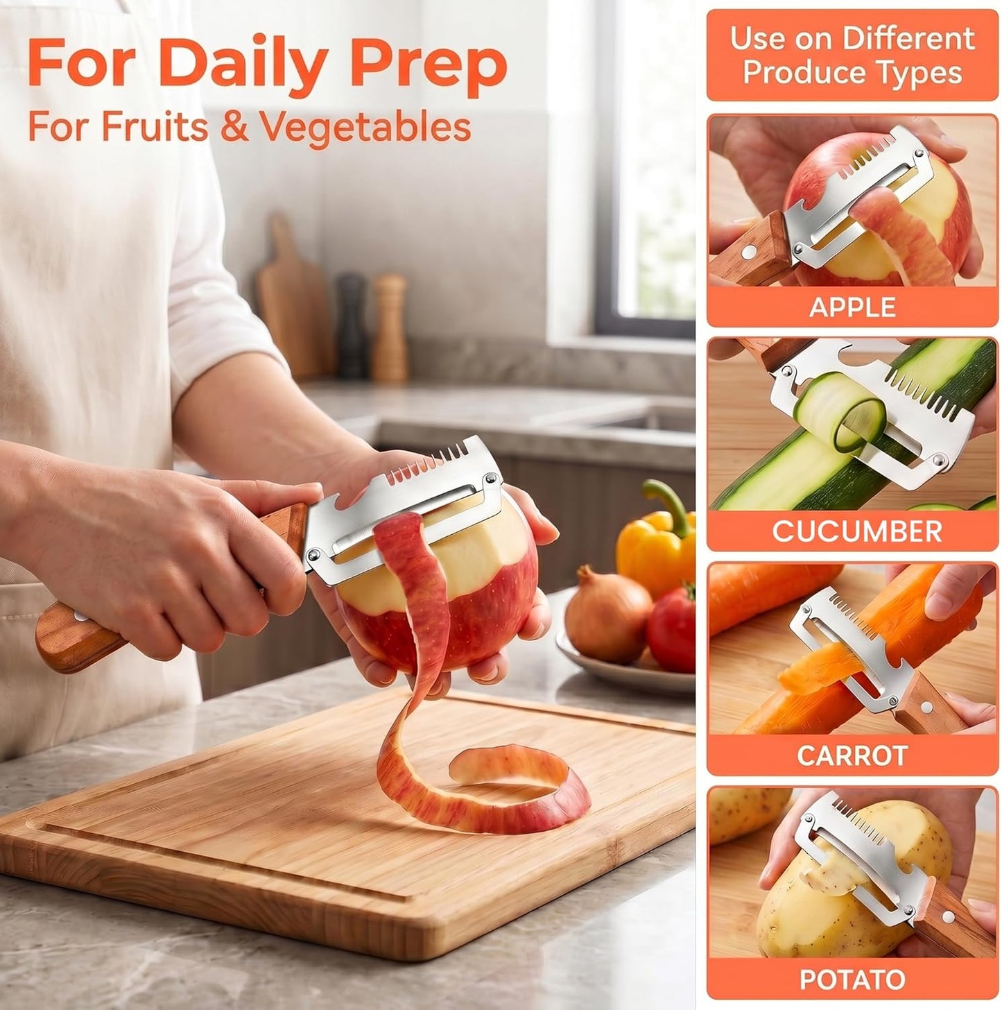 Vegetable Peeler, Potato Paring Knife, Multifunctional Stainless Steel Apple Peeler for Kitchen Use, 2-in-1 Fruit Tool with Sharp Blade, Ergonomic Wooden Handle & Bottle Opener (Pro-1PCS)