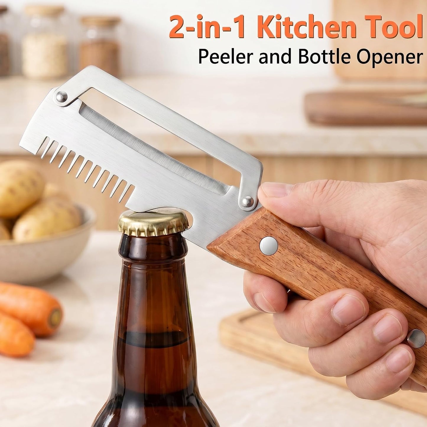 Vegetable Peeler, Potato Paring Knife, Multifunctional Stainless Steel Apple Peeler for Kitchen Use, 2-in-1 Fruit Tool with Sharp Blade, Ergonomic Wooden Handle & Bottle Opener (Pro-1PCS)