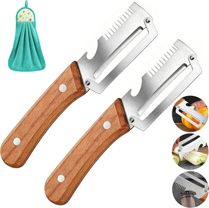 Vegetable Peeler, Potato Paring Knife, Multifunctional Stainless Steel Apple Peeler for Kitchen Use, 2-in-1 Fruit Tool with Sharp Blade, Ergonomic Wooden Handle & Bottle Opener (Pro-1PCS)