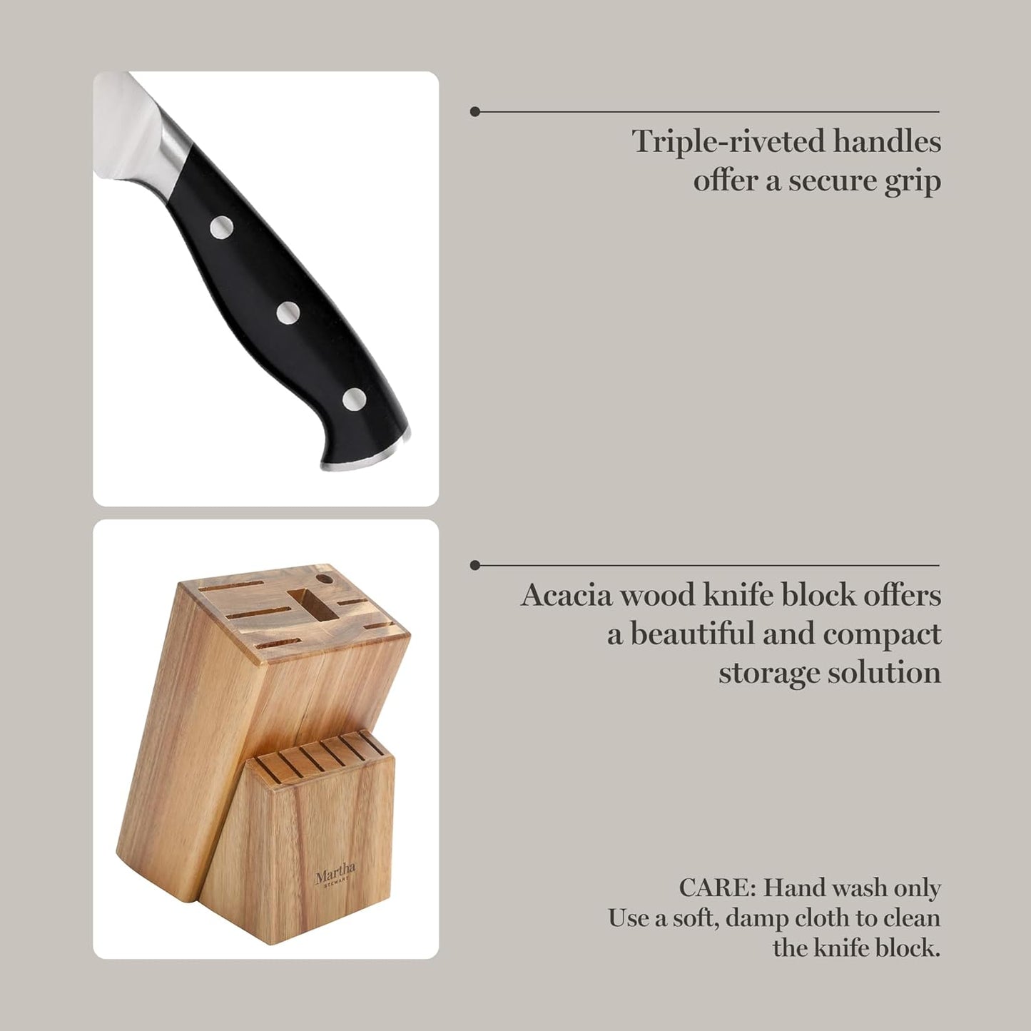 Greeley Forged High Carbon Stainless Steel 14 Piece Knife Block Set, Black Kitchen Knife Set with Acacia Wood Block, Chef Knife, Bread Knife, Steak Knives