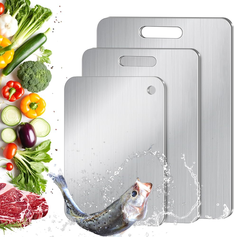 Titanium Cutting Board Set of 3 for Kitchen, Stainless Steel Double-Sided Food-Grade Cutting Boards for Meat Cheese Vegetable Fruit (S M L)