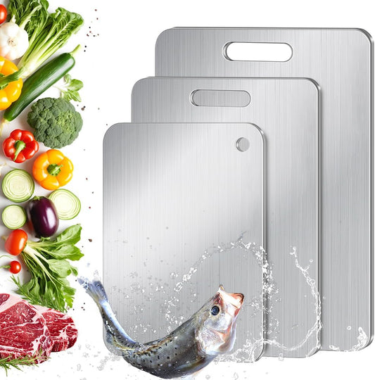 Titanium Cutting Board Set of 3 for Kitchen, Stainless Steel Double-Sided Food-Grade Cutting Boards for Meat Cheese Vegetable Fruit (S M L)