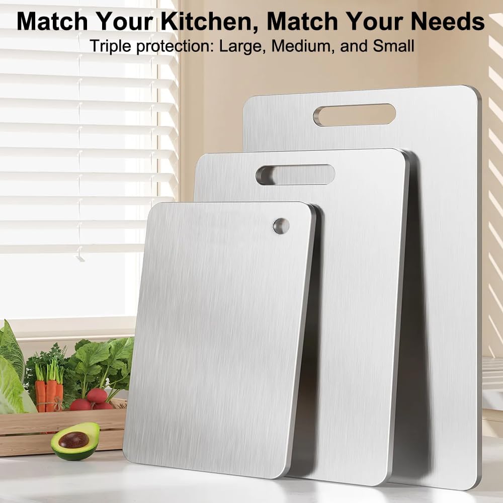 Titanium Cutting Board Set of 3 for Kitchen, Stainless Steel Double-Sided Food-Grade Cutting Boards for Meat Cheese Vegetable Fruit (S M L)