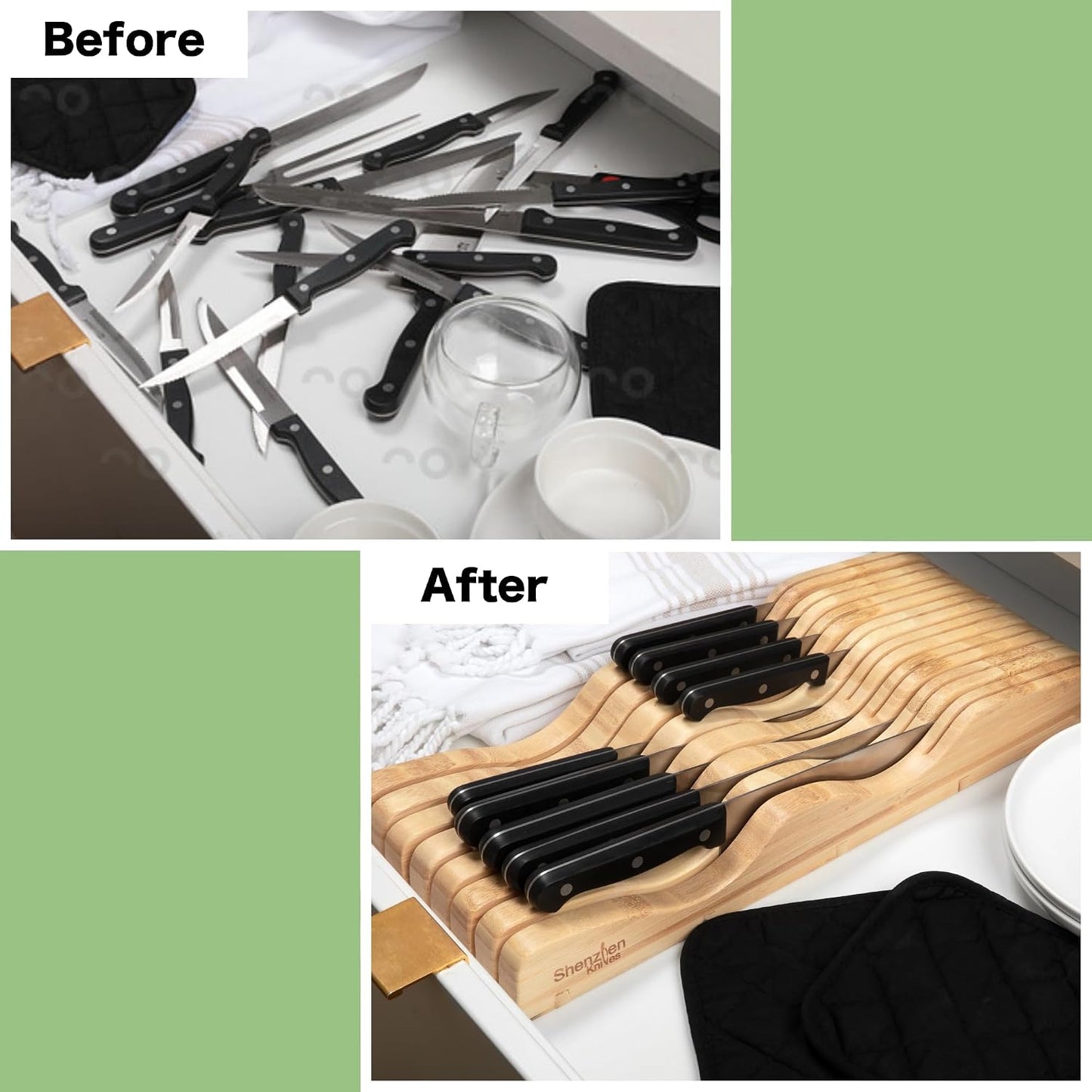 Bamboo In-Drawer Knife Block – 15 Slot, Holds 12-15 Knives | Bamboo Construction, 15 Knife Slots, Fits 12-15 Knives, X-Large, For Kitchen Drawers, Cutlery Tray Organizer