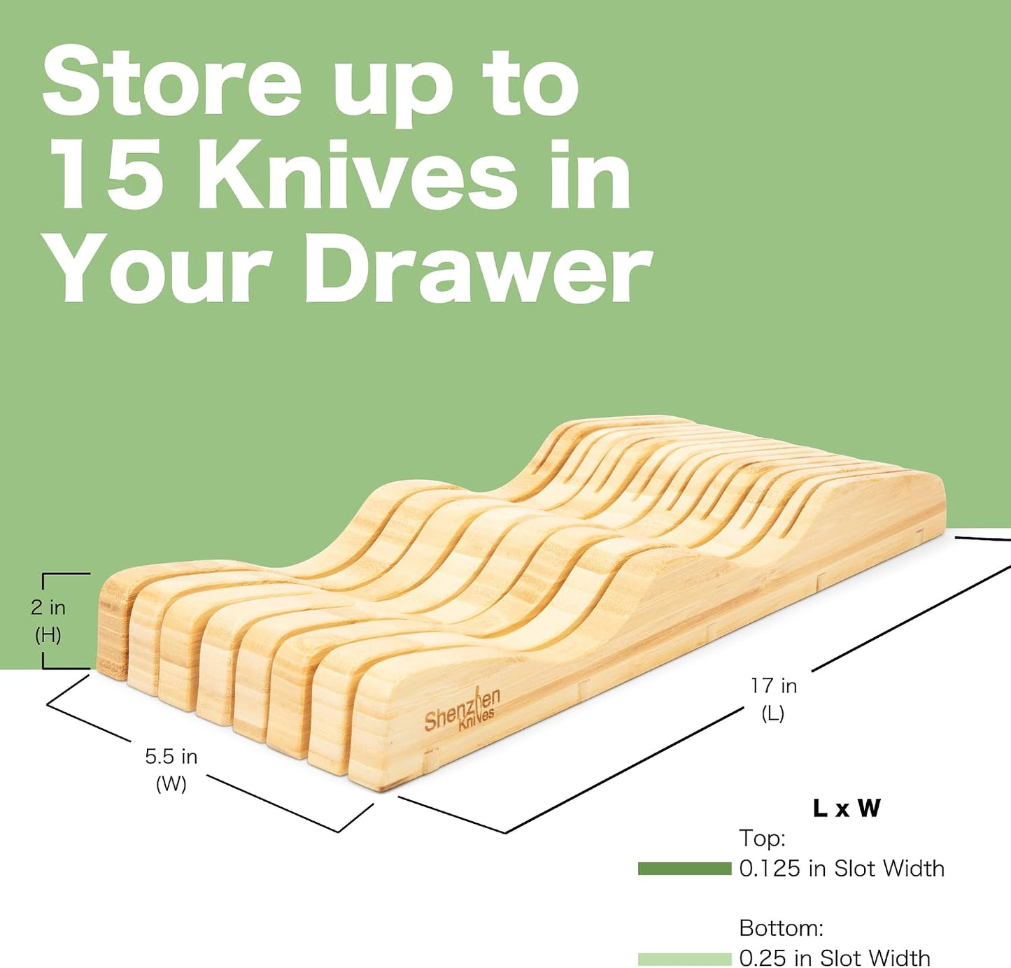 Bamboo In-Drawer Knife Block – 15 Slot, Holds 12-15 Knives | Bamboo Construction, 15 Knife Slots, Fits 12-15 Knives, X-Large, For Kitchen Drawers, Cutlery Tray Organizer