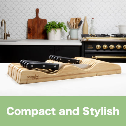 Bamboo In-Drawer Knife Block – 15 Slot, Holds 12-15 Knives | Bamboo Construction, 15 Knife Slots, Fits 12-15 Knives, X-Large, For Kitchen Drawers, Cutlery Tray Organizer