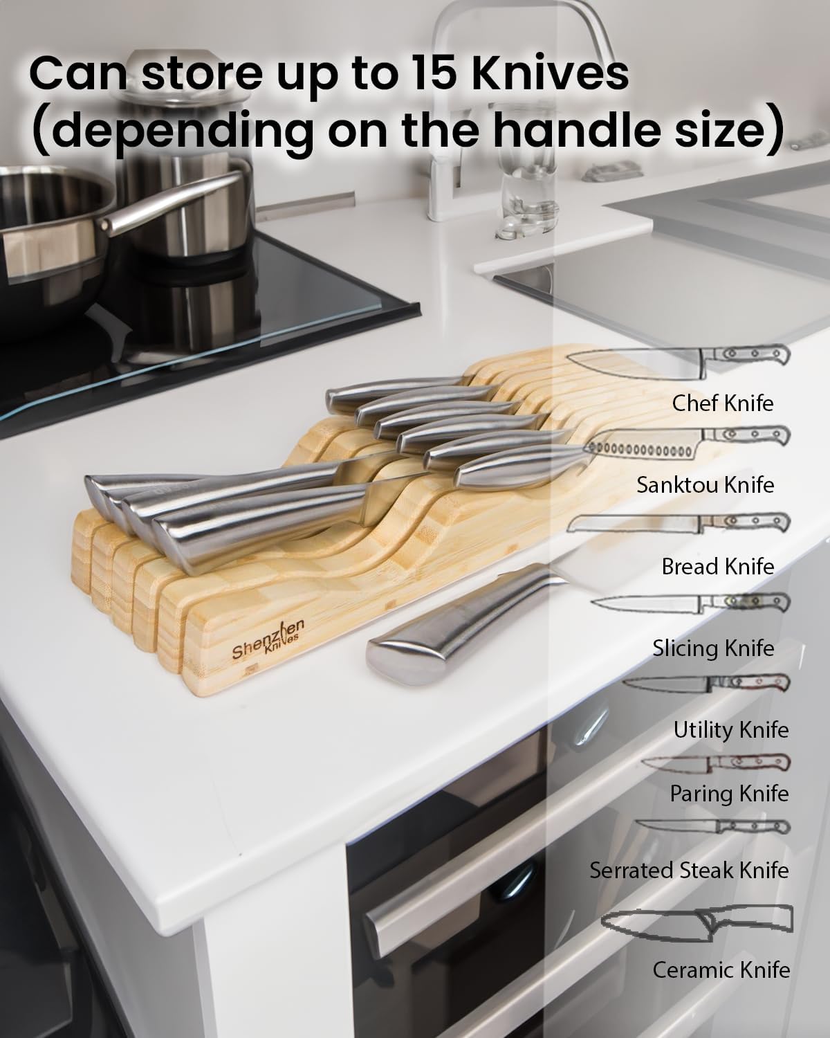 Bamboo In-Drawer Knife Block – 15 Slot, Holds 12-15 Knives | Bamboo Construction, 15 Knife Slots, Fits 12-15 Knives, X-Large, For Kitchen Drawers, Cutlery Tray Organizer