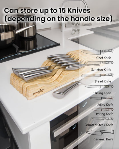 Bamboo In-Drawer Knife Block – 15 Slot, Holds 12-15 Knives | Bamboo Construction, 15 Knife Slots, Fits 12-15 Knives, X-Large, For Kitchen Drawers, Cutlery Tray Organizer