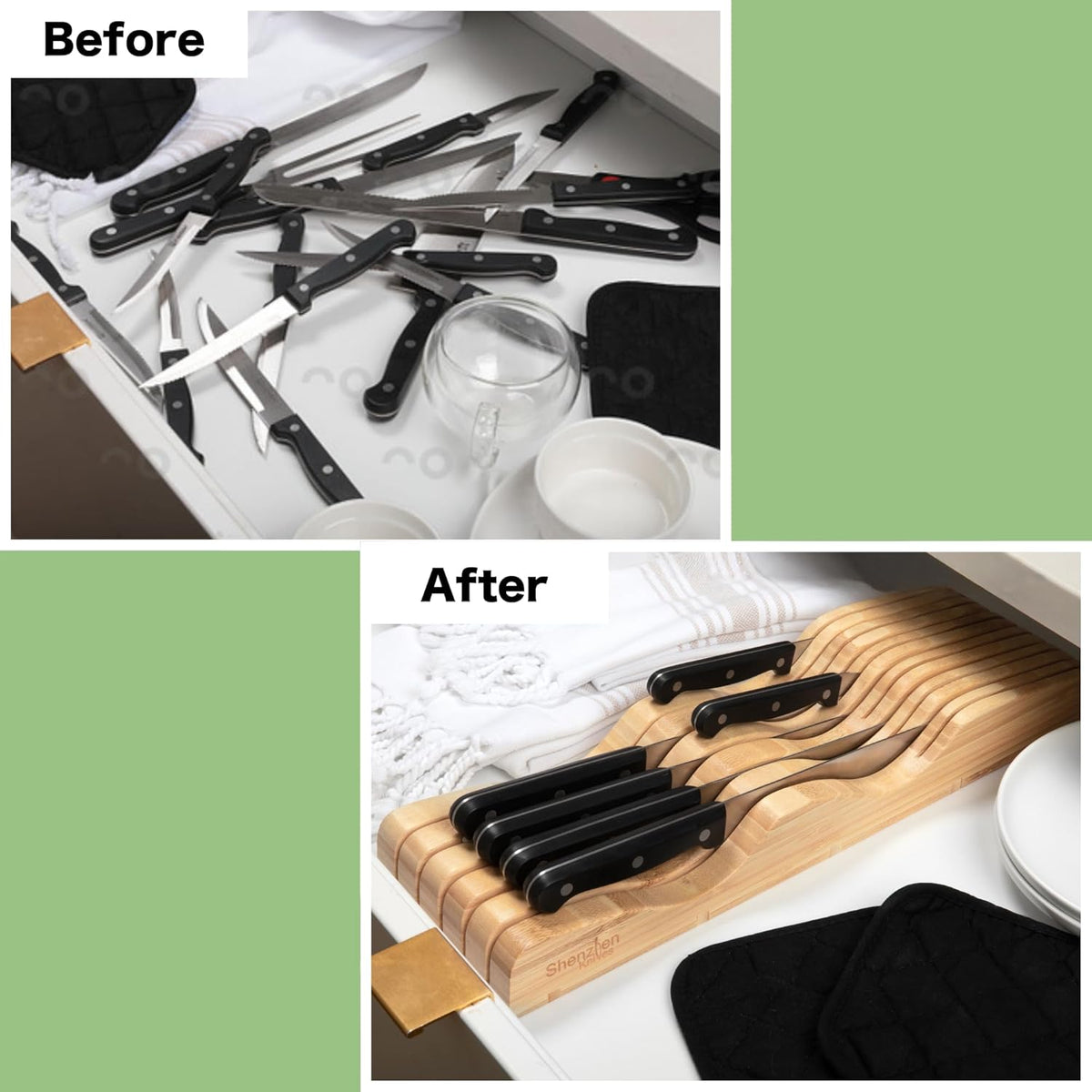 Bamboo In-Drawer Knife Block – 15 Slot, Holds 12-15 Knives | Bamboo Construction, 15 Knife Slots, Fits 12-15 Knives, X-Large, For Kitchen Drawers, Cutlery Tray Organizer