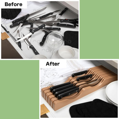 Bamboo In-Drawer Knife Block – 15 Slot, Holds 12-15 Knives | Bamboo Construction, 15 Knife Slots, Fits 12-15 Knives, X-Large, For Kitchen Drawers, Cutlery Tray Organizer