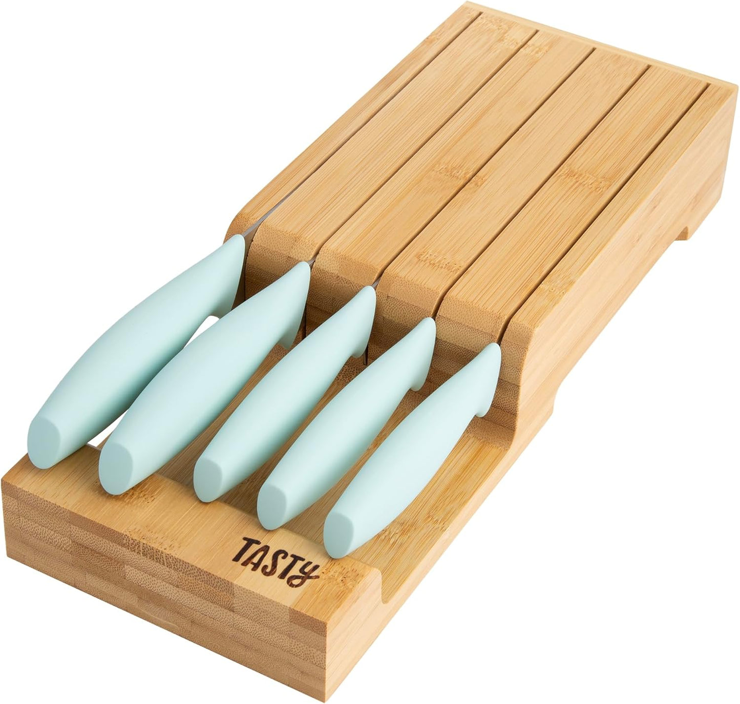 In-Drawer Kitchen Knife Set, Space-Saving Cutlery and Kitchen Organizer, Includes Chef, Bread, Santoku, Utility and Paring Knives, 6-Piece, Aqua