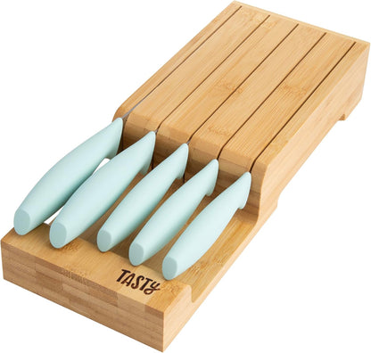 In-Drawer Kitchen Knife Set, Space-Saving Cutlery and Kitchen Organizer, Includes Chef, Bread, Santoku, Utility and Paring Knives, 6-Piece, Aqua
