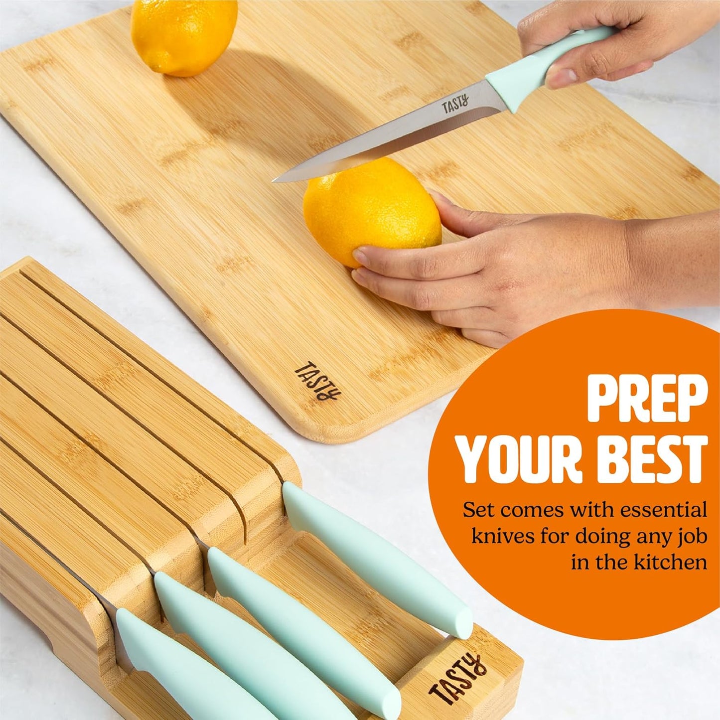 In-Drawer Kitchen Knife Set, Space-Saving Cutlery and Kitchen Organizer, Includes Chef, Bread, Santoku, Utility and Paring Knives, 6-Piece, Aqua