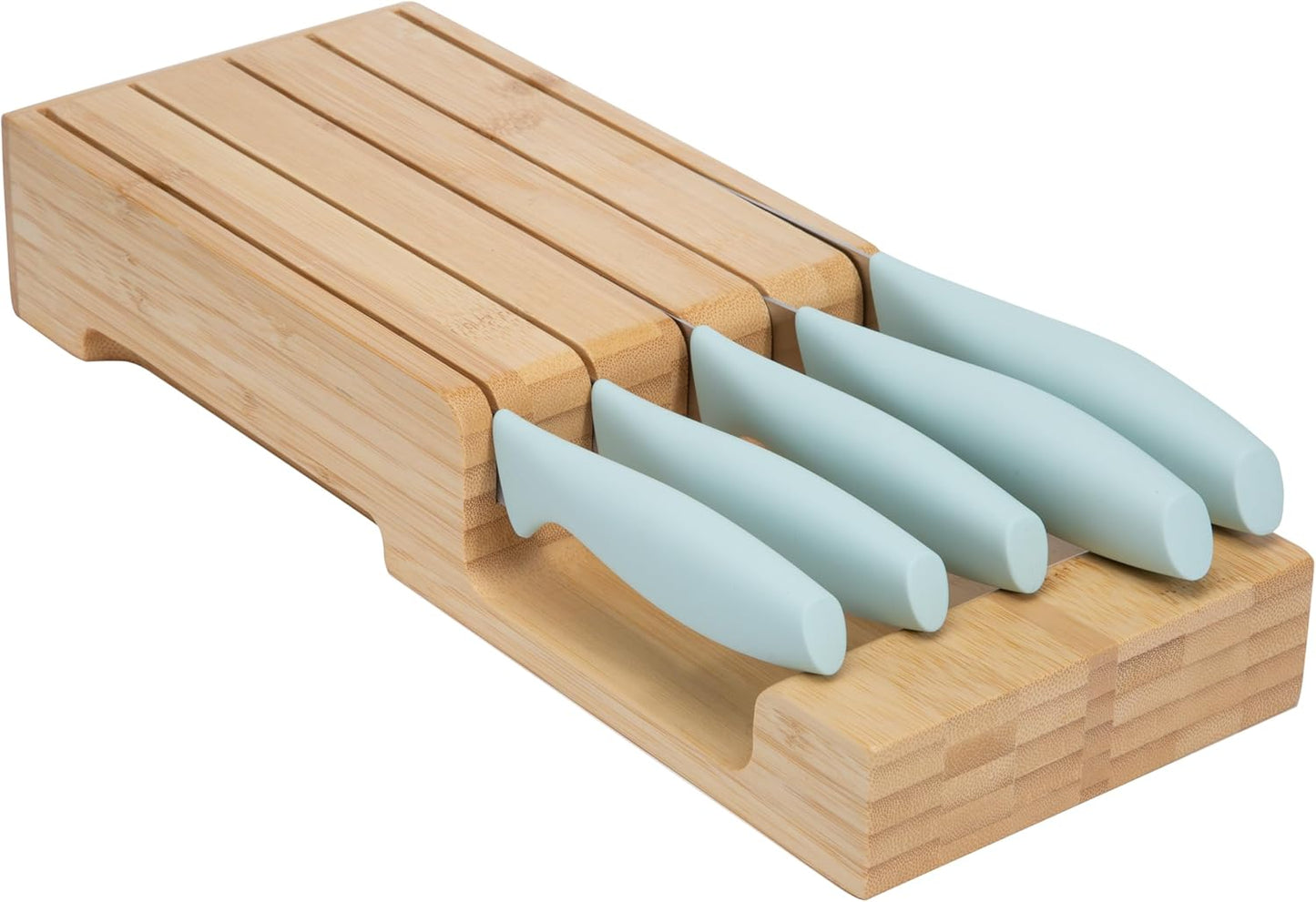 In-Drawer Kitchen Knife Set, Space-Saving Cutlery and Kitchen Organizer, Includes Chef, Bread, Santoku, Utility and Paring Knives, 6-Piece, Aqua