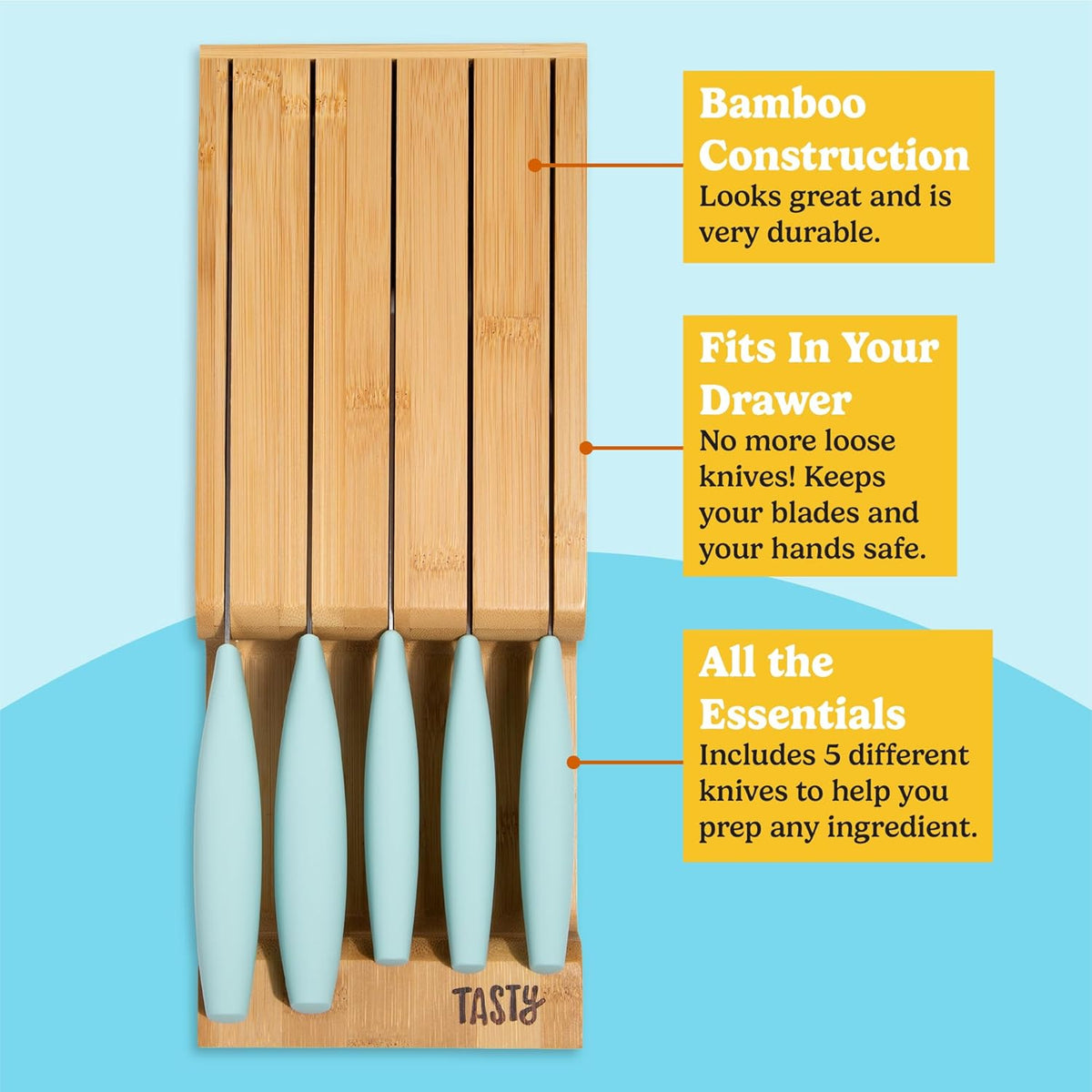 In-Drawer Kitchen Knife Set, Space-Saving Cutlery and Kitchen Organizer, Includes Chef, Bread, Santoku, Utility and Paring Knives, 6-Piece, Aqua