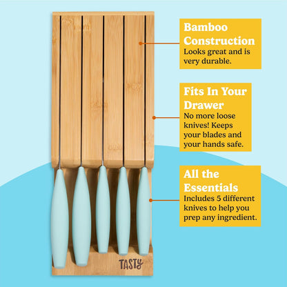In-Drawer Kitchen Knife Set, Space-Saving Cutlery and Kitchen Organizer, Includes Chef, Bread, Santoku, Utility and Paring Knives, 6-Piece, Aqua