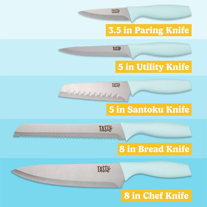 In-Drawer Kitchen Knife Set, Space-Saving Cutlery and Kitchen Organizer, Includes Chef, Bread, Santoku, Utility and Paring Knives, 6-Piece, Aqua