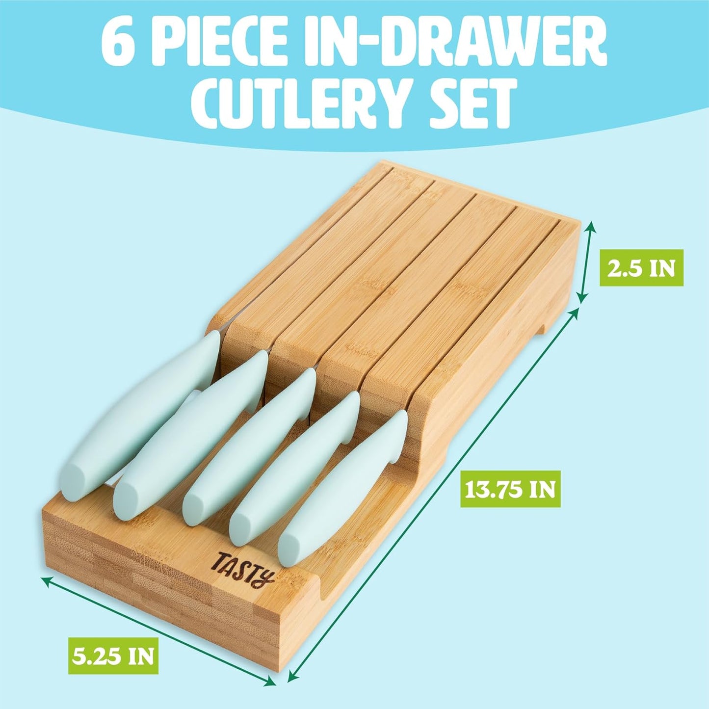 In-Drawer Kitchen Knife Set, Space-Saving Cutlery and Kitchen Organizer, Includes Chef, Bread, Santoku, Utility and Paring Knives, 6-Piece, Aqua