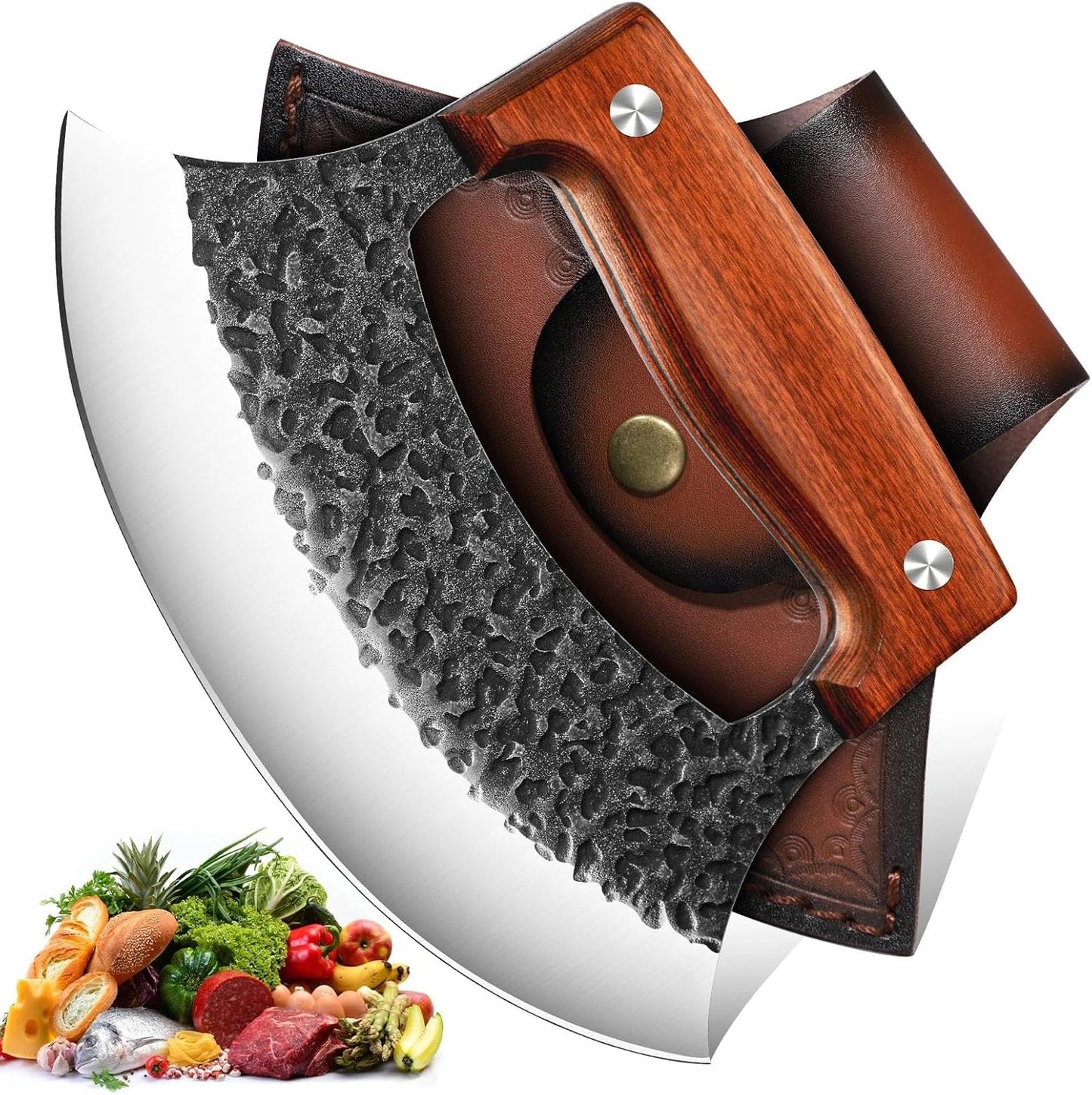 Hand Forged Ulu Knife - Mezzaluna Rocker Knife - Pizza Cutter | Anti-stick Pounding Texture, Full Tang, Rosewood Handle, Belt Sheath, Gift Box, for Kitchen, Camping, BBQ