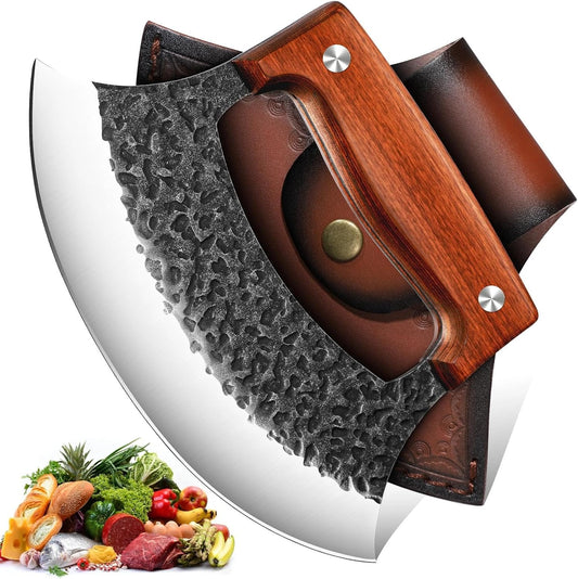 Hand Forged Ulu Knife - Mezzaluna Rocker Knife - Pizza Cutter | Anti-stick Pounding Texture, Full Tang, Rosewood Handle, Belt Sheath, Gift Box, for Kitchen, Camping, BBQ