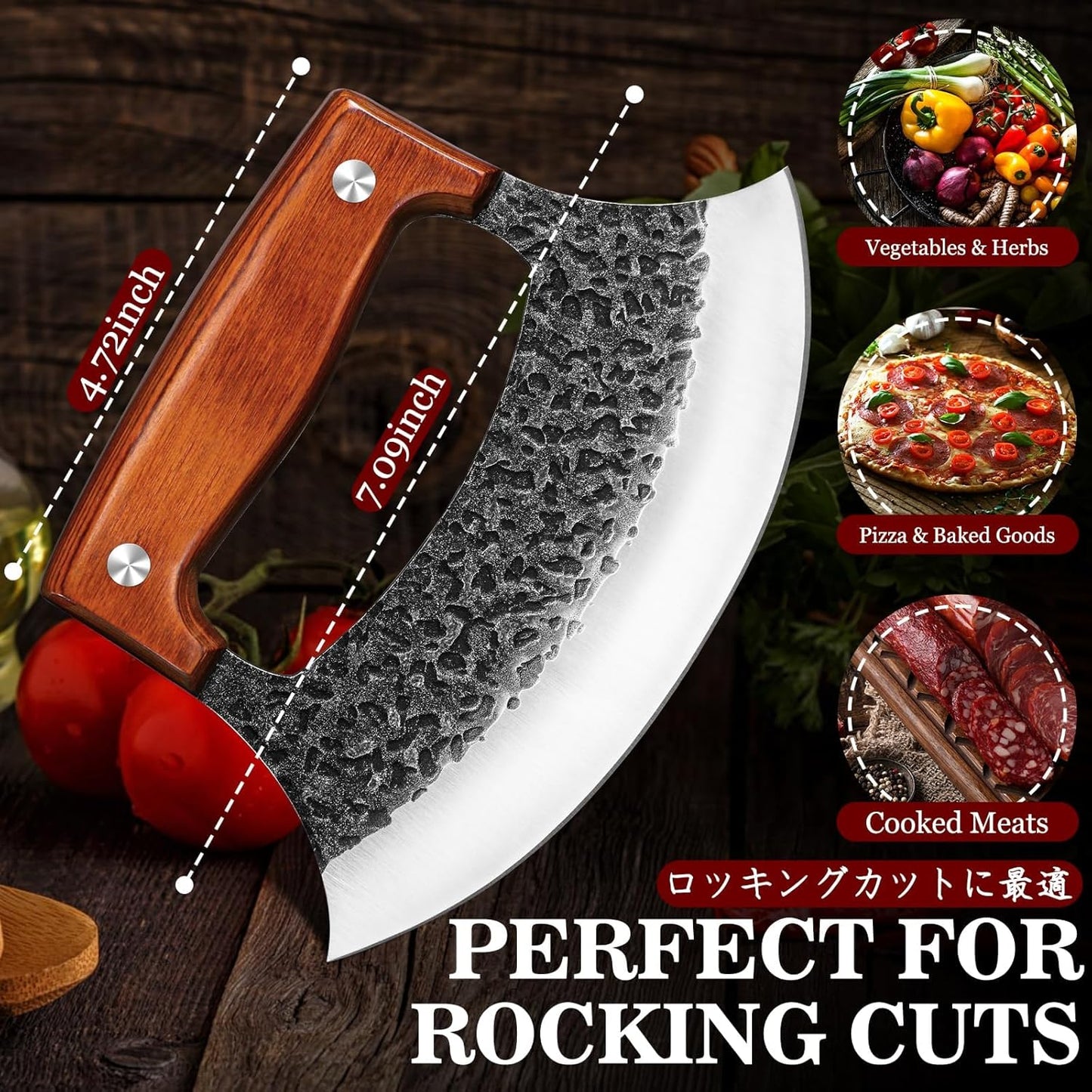 Hand Forged Ulu Knife - Mezzaluna Rocker Knife - Pizza Cutter | Anti-stick Pounding Texture, Full Tang, Rosewood Handle, Belt Sheath, Gift Box, for Kitchen, Camping, BBQ