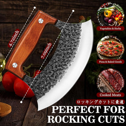 Hand Forged Ulu Knife - Mezzaluna Rocker Knife - Pizza Cutter | Anti-stick Pounding Texture, Full Tang, Rosewood Handle, Belt Sheath, Gift Box, for Kitchen, Camping, BBQ
