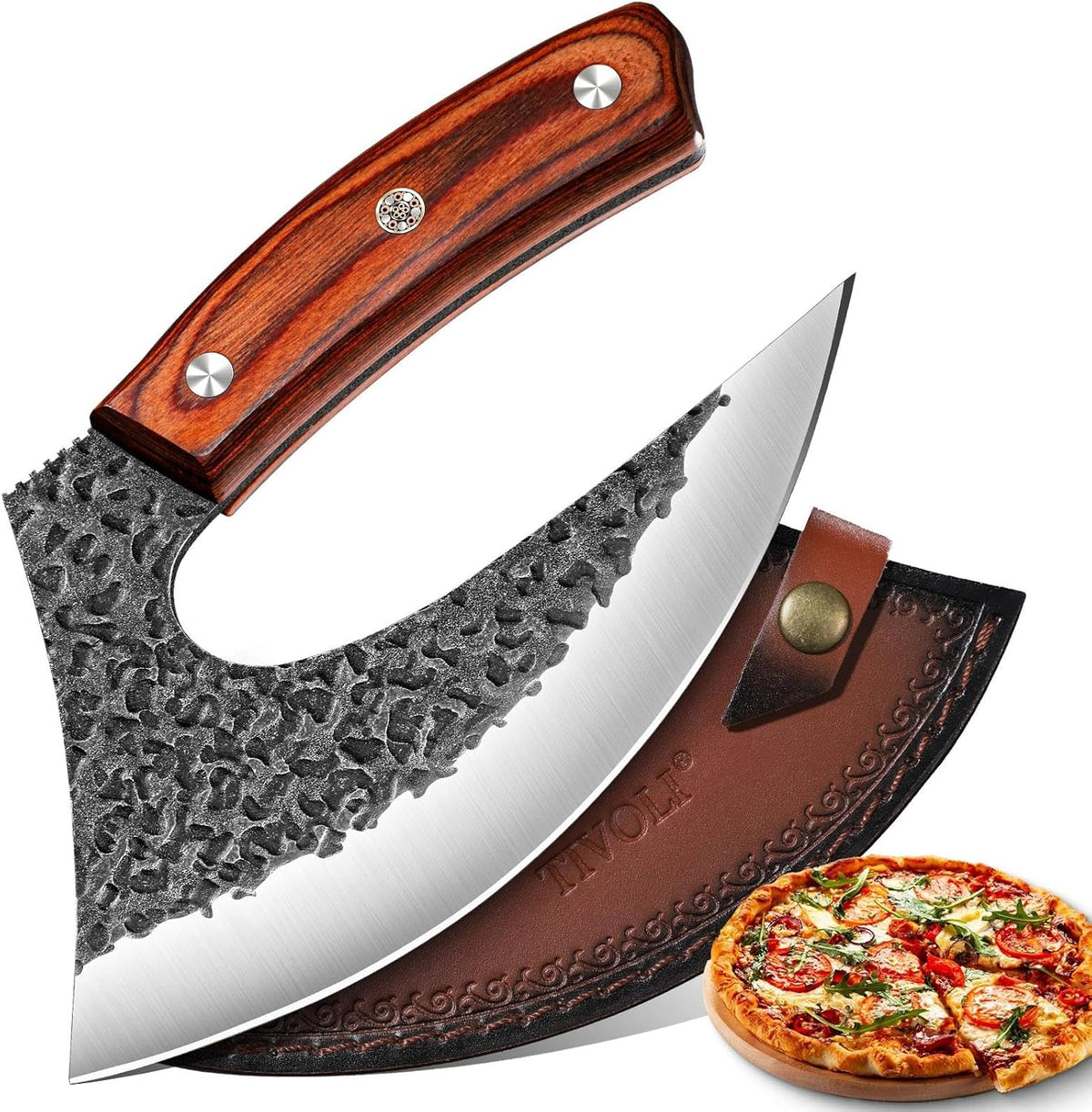 Hand Forged Ulu Knife - Mezzaluna Rocker Knife - Pizza Cutter | Anti-stick Pounding Texture, Full Tang, Rosewood Handle, Belt Sheath, Gift Box, for Kitchen, Camping, BBQ