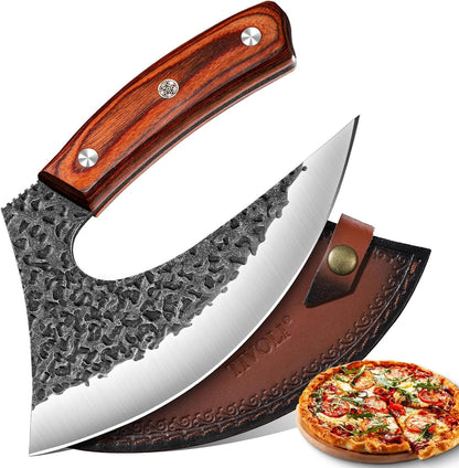 Hand Forged Ulu Knife - Mezzaluna Rocker Knife - Pizza Cutter | Anti-stick Pounding Texture, Full Tang, Rosewood Handle, Belt Sheath, Gift Box, for Kitchen, Camping, BBQ