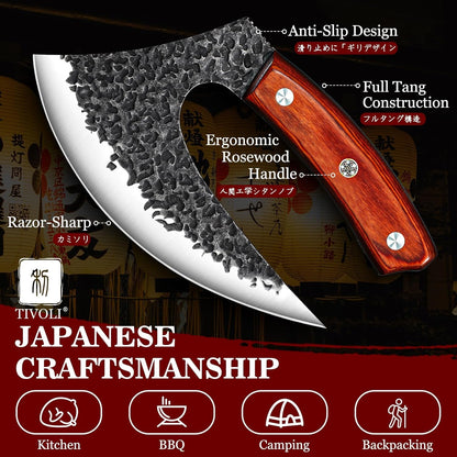 Hand Forged Ulu Knife - Mezzaluna Rocker Knife - Pizza Cutter | Anti-stick Pounding Texture, Full Tang, Rosewood Handle, Belt Sheath, Gift Box, for Kitchen, Camping, BBQ