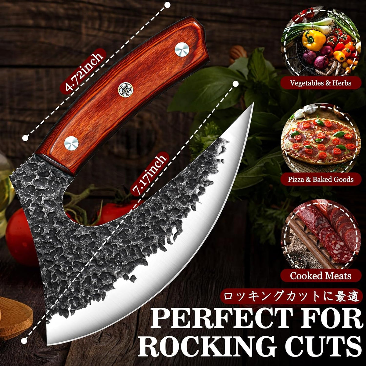 Hand Forged Ulu Knife - Mezzaluna Rocker Knife - Pizza Cutter | Anti-stick Pounding Texture, Full Tang, Rosewood Handle, Belt Sheath, Gift Box, for Kitchen, Camping, BBQ