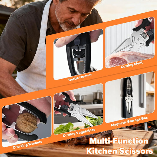 Kitchen Scissors All Purpose for Food | Kitchen Shears Heavy Duty Poultry Shears, Stainless Steel Cooking Meat Cutting Scissors with Magnetic Holder & Safety Lock