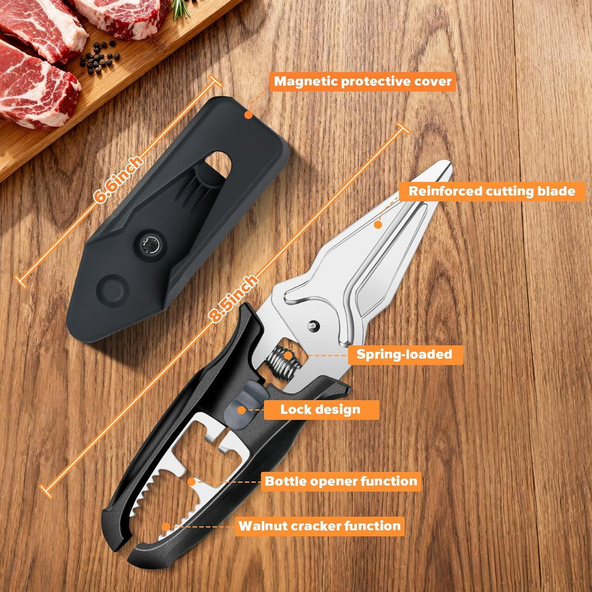 Kitchen Scissors All Purpose for Food | Kitchen Shears Heavy Duty Poultry Shears, Stainless Steel Cooking Meat Cutting Scissors with Magnetic Holder & Safety Lock