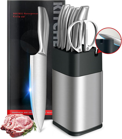 Stainless Knife Set, Kitchen Chef Knife Sets with Block | Professional Chef Knife Set, Kitchen Knives with Built-in Sharpener, Heavy-Duty for Meat Bone Vegetable and Fruit Cutting